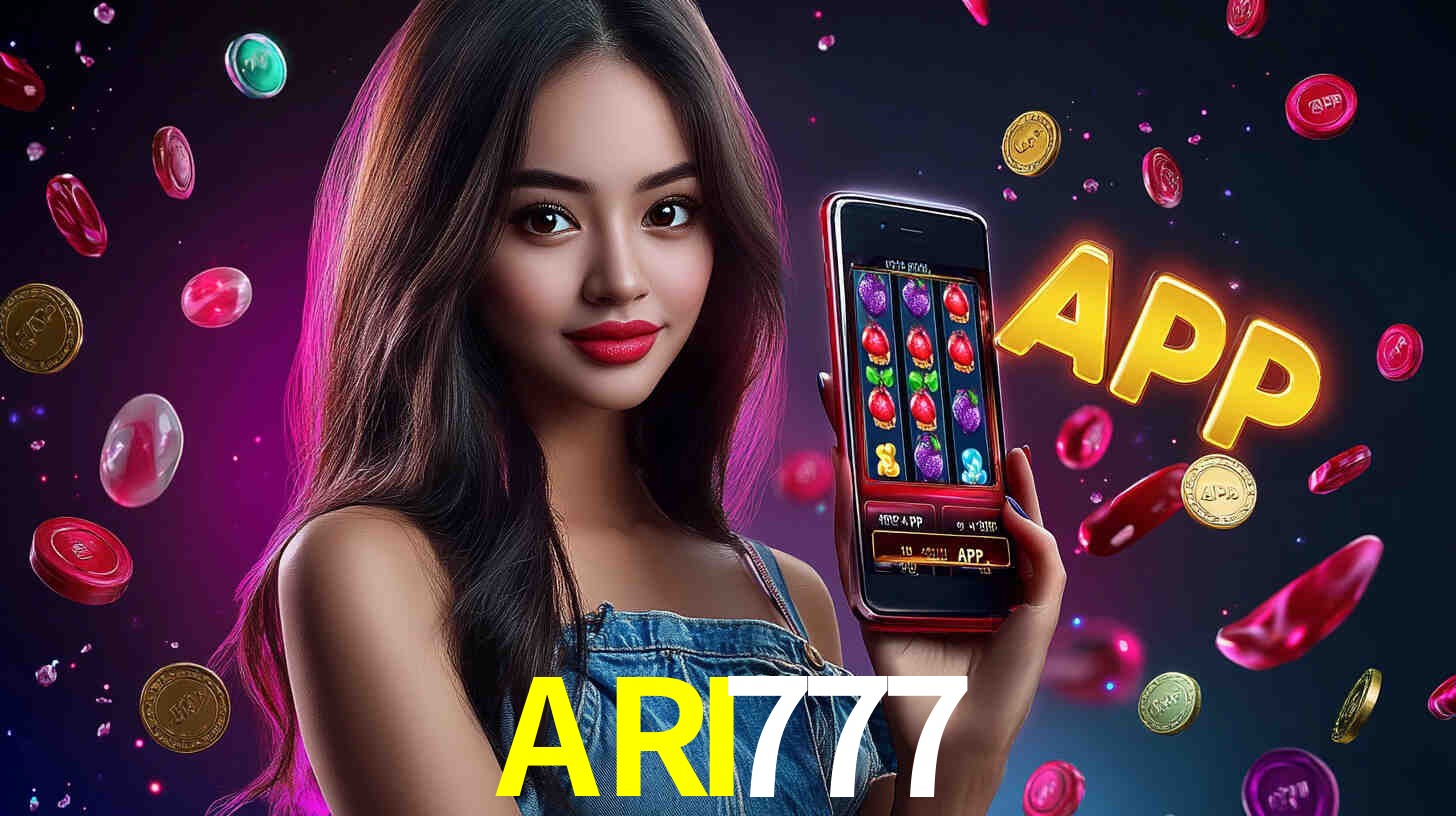Una escena digital vívida inspirada en casino con ARI777 mostrado prominentemente, luces brillantes, fichas, cartas y acentos dorados.