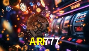 Escena dinámica inspirada en casino con iluminación ARI777, cartas, fichas e íconos de juegos digitales en un espacio moderno de juegos.
