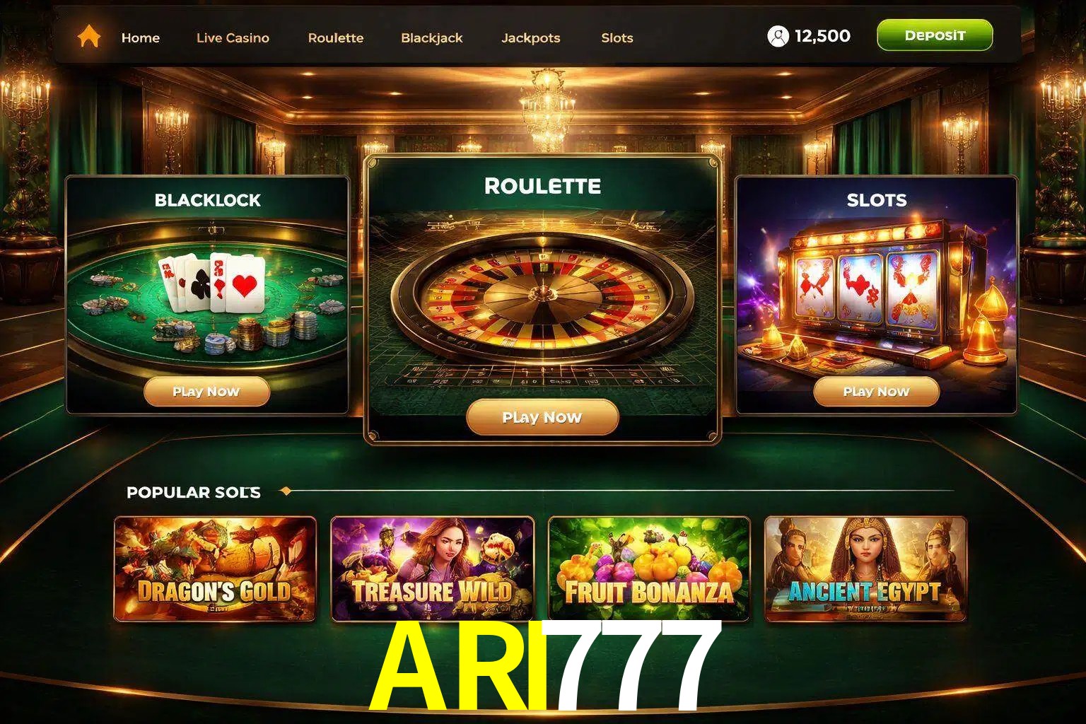 Vista de la plataforma ARI777 Casino mostrando categorías organizadas de juegos en línea